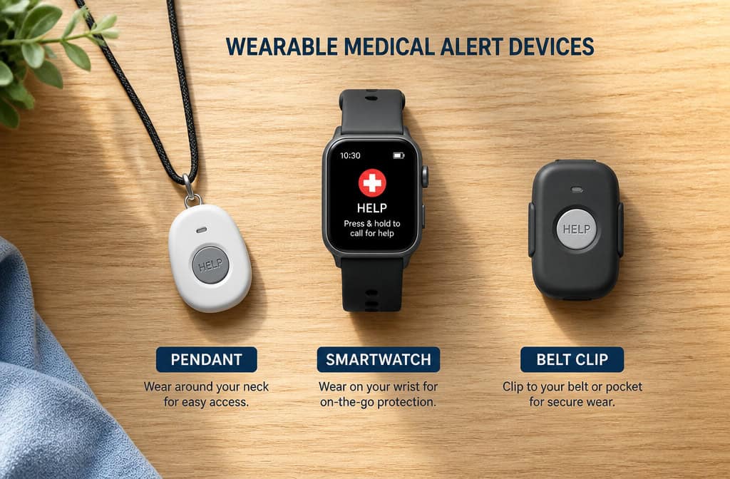 Image of wearable medical alert devices including a pendant, smartwatch, and belt clip for emergency assistance and health monitoring.