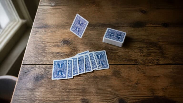 A deck of blue-backed playing cards spread out on a wooden table, with some cards face down and others face up, near a window.