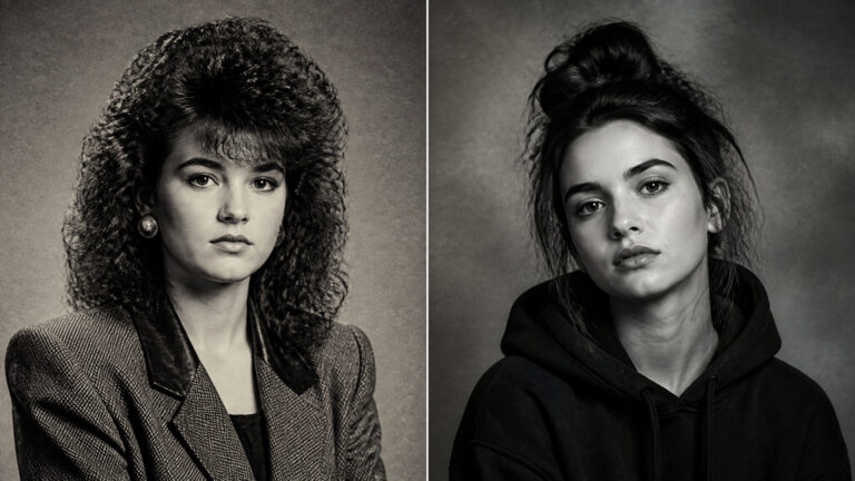 Black and white portraits of two women, one with curly hair and the other with a messy bun, showcasing different styles and expressions.
