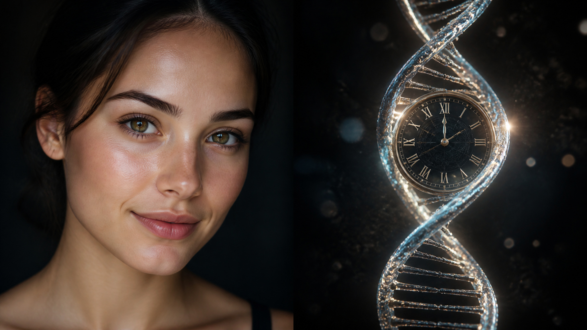 Why Do Kids Look Younger Now? The Surprising Science of Perceived vs. Biological Age 3 Split image of youthful face and DNA helix with clock symbolizing faster biological aging