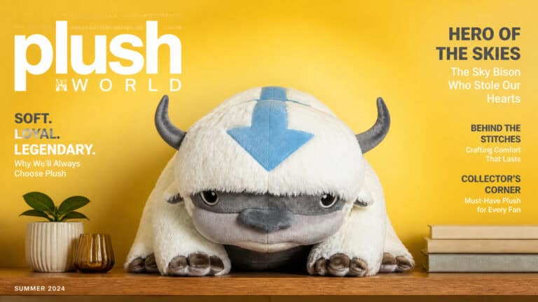Cute plush Viking dog toy with horns and a blue arrow on its head, placed on a wooden bookshelf with a yellow background, for cozy home decor and children's room.