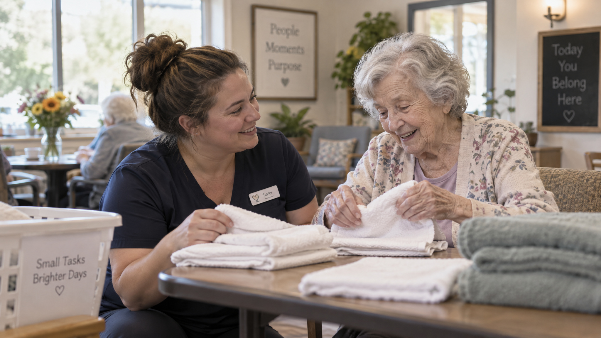 What to Look for in a Memory Care Facility: 10 Questions From a Family Who's Been There 2 Caregiver learning a resident's routines through a familiar task like folding towels in memory care
