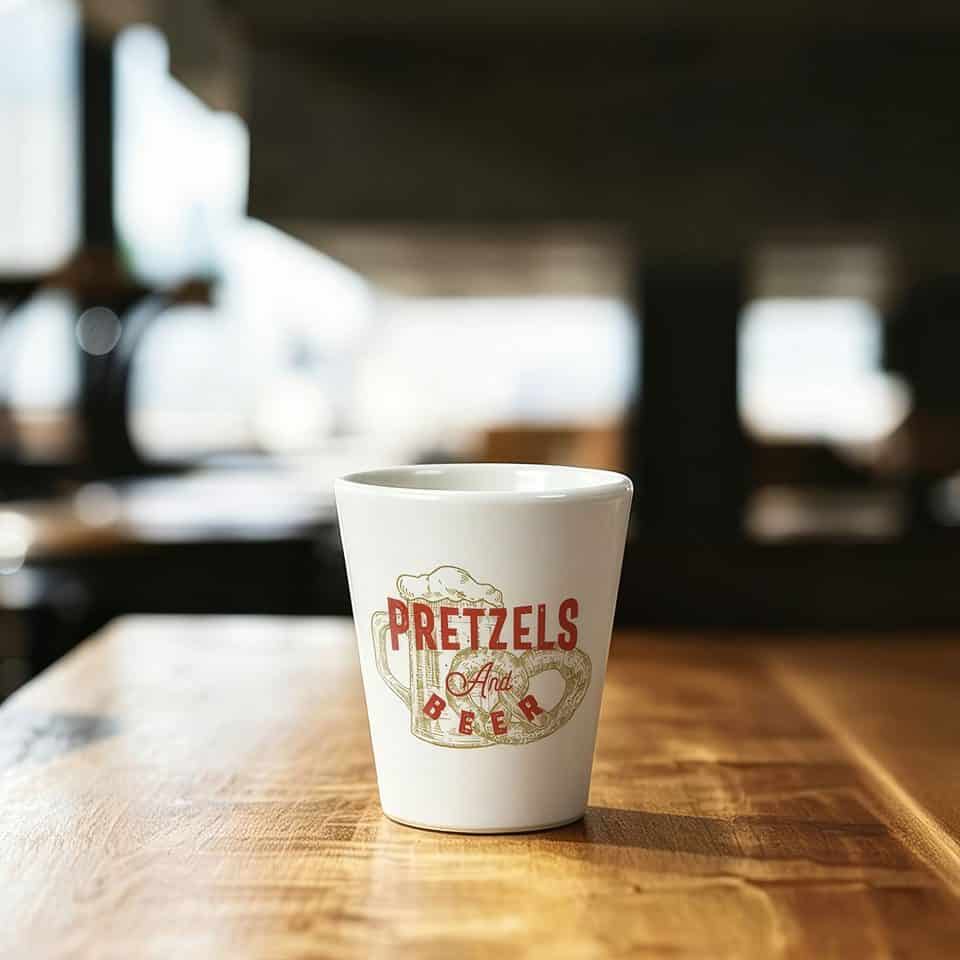 White ceramic mug with pretzels and beer design, placed on a wooden table in a cozy setting.