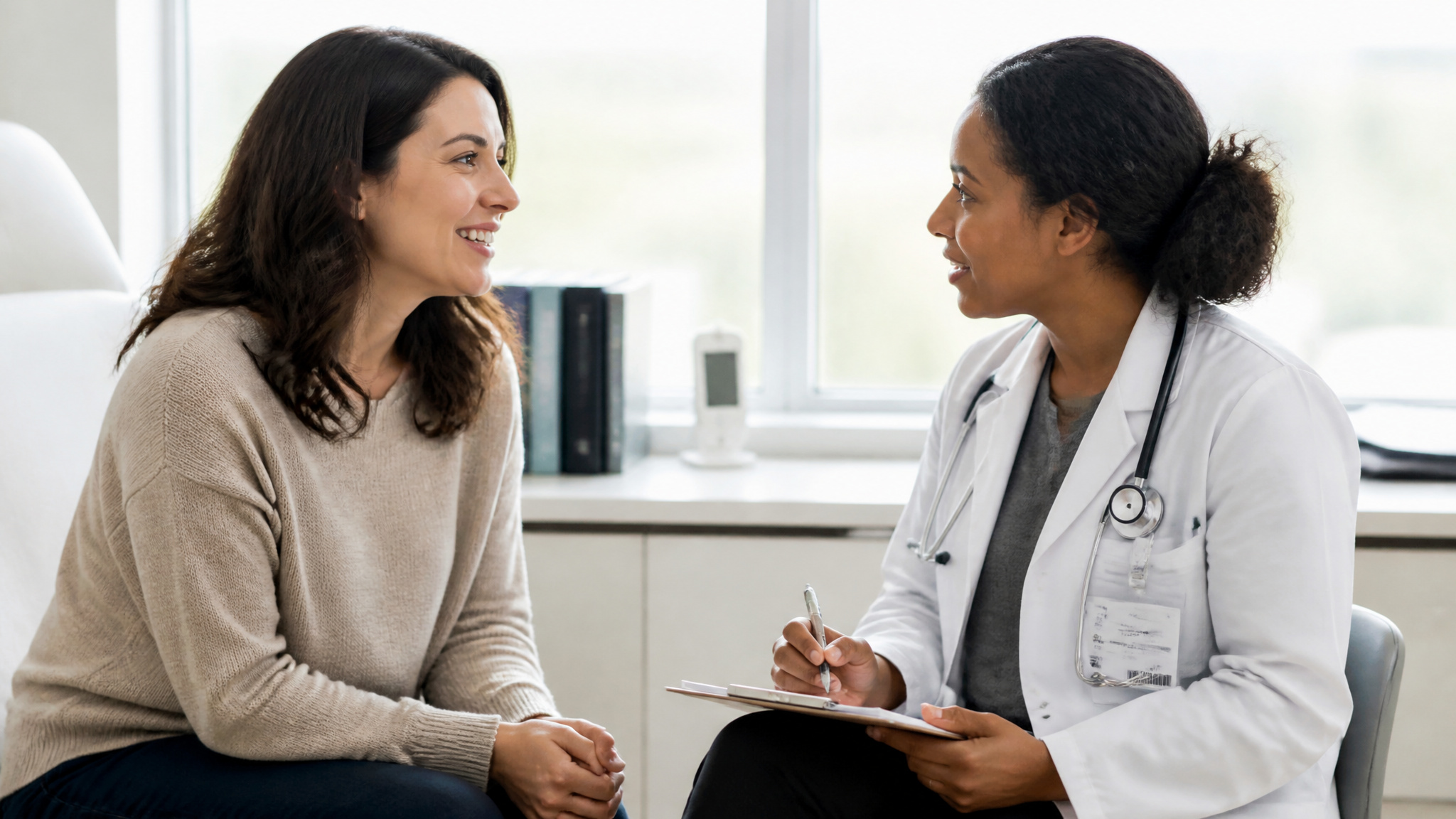 How Do Weight Loss Injections Work? The 2-Minute Signal That Lasts 5 Days 3 Doctor discussing weight loss injection eligibility and safety screening with a patient