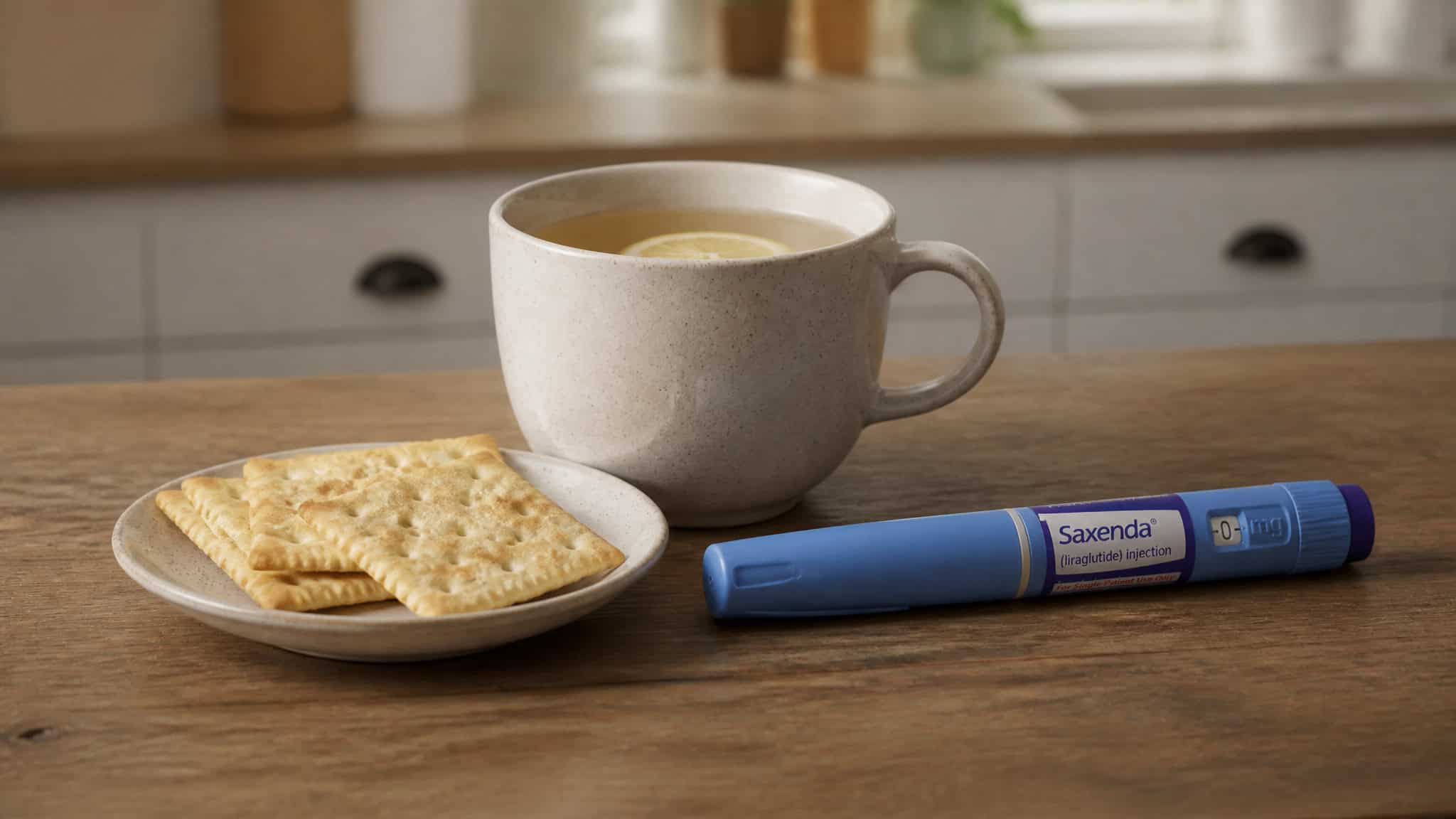 What Is the Best Injection for Weight Loss at Home? Tirzepatide's 20.2% Win Has an Asterisk 5 Ginger tea and crackers beside an injection pen, representing common GLP-1 stomach side effects and safety screening