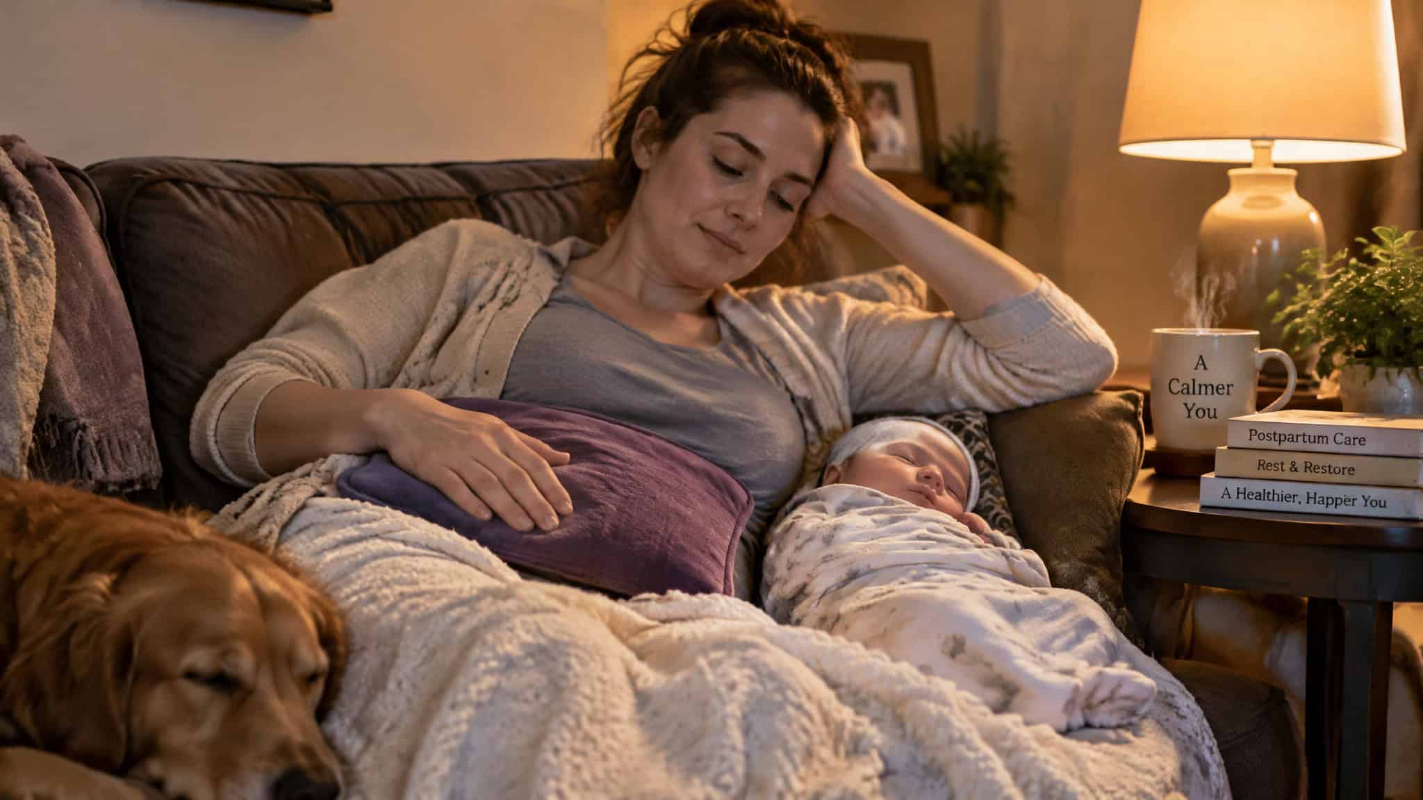 How Soon Postpartum Can You Start Using a Sauna? Why the Dinner-Plate Wound Sets the Timeline 4 Mother using a heating pad for afterpain relief, a safe warmth option before sauna clearance