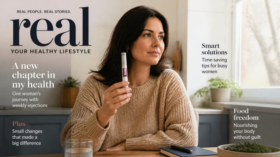 A woman with dark hair and a beige sweater holding an insulin pen, sitting at a kitchen table with a glass of water and a smartphone, promoting health and wellness.