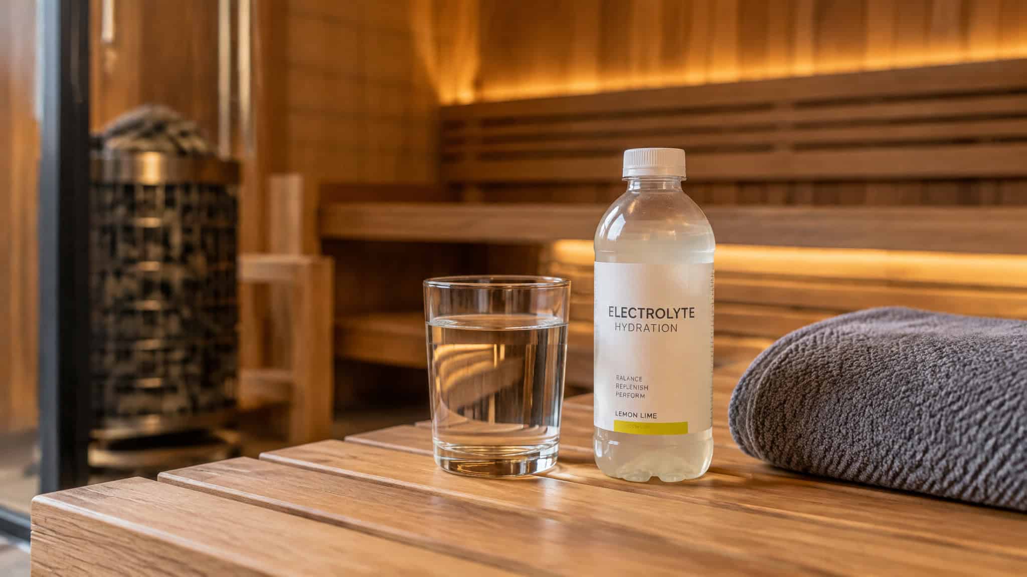 Safe Sauna Practices for Breastfeeding Moms: Temperature, Timing, and Prep 2 Water and electrolyte drink on a sauna bench, illustrating hydration needs for breastfeeding milk supply