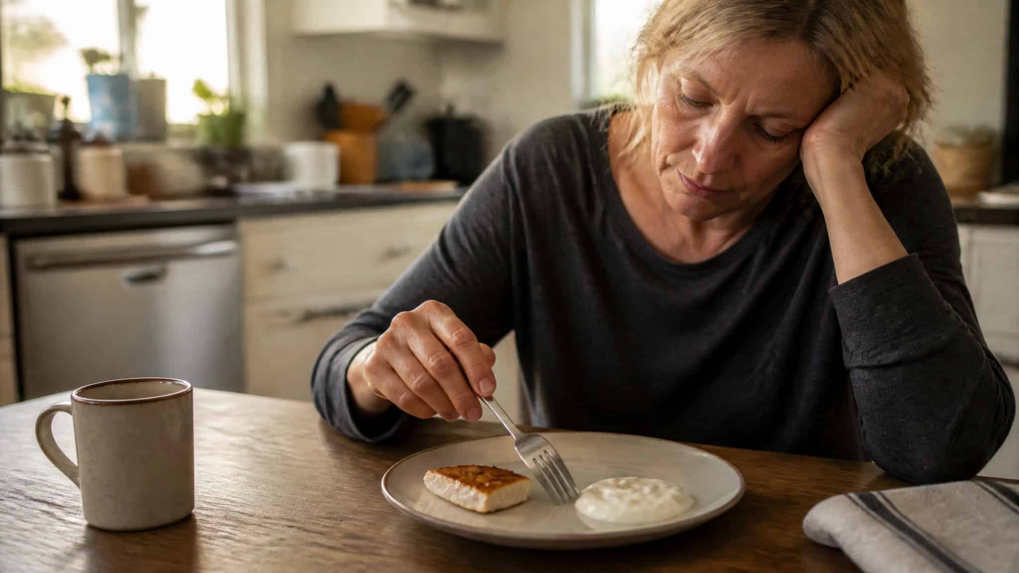 Downsides of Taking Weight Loss Injections: The 25-30% Lean Mass Problem 2 A woman appears tired and unwell while sitting at a kitchen table with a plate of food and a cup, indicating possible illness or fatigue.