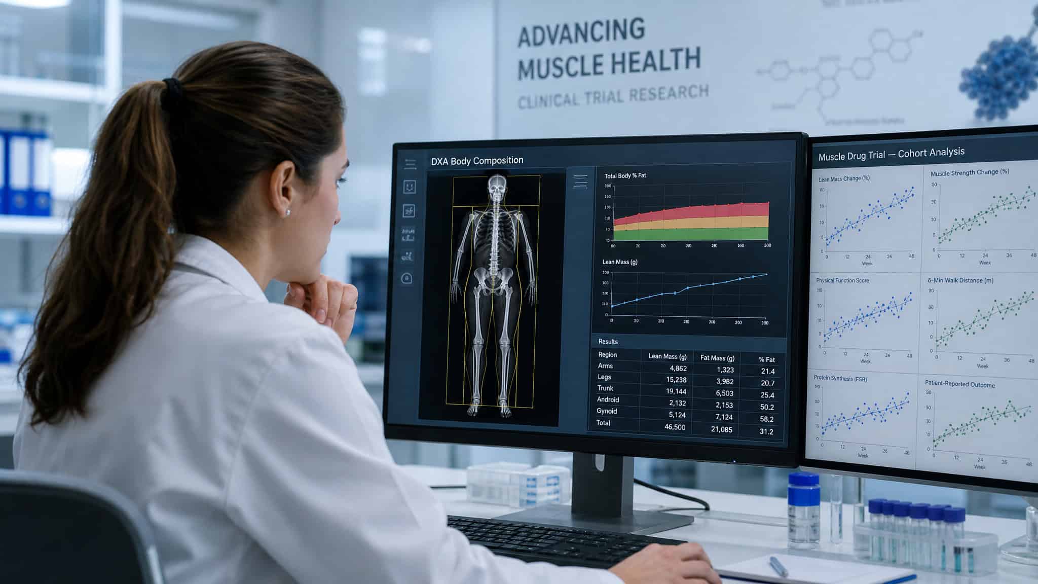 Downsides of Taking Weight Loss Injections: The 25-30% Lean Mass Problem 4 Research scientist analyzing digital body composition and muscle health data on dual-energy X-ray absorptiometry (DXA) monitor in a laboratory setting.