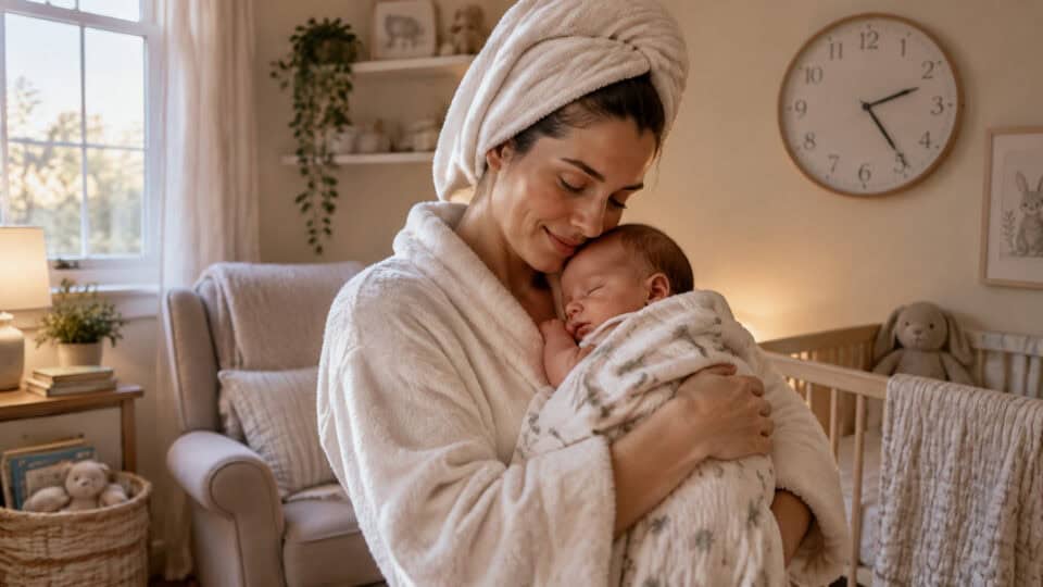 Mother lovingly holding her newborn baby in a warm, cozy living room with soft lighting and home decor.