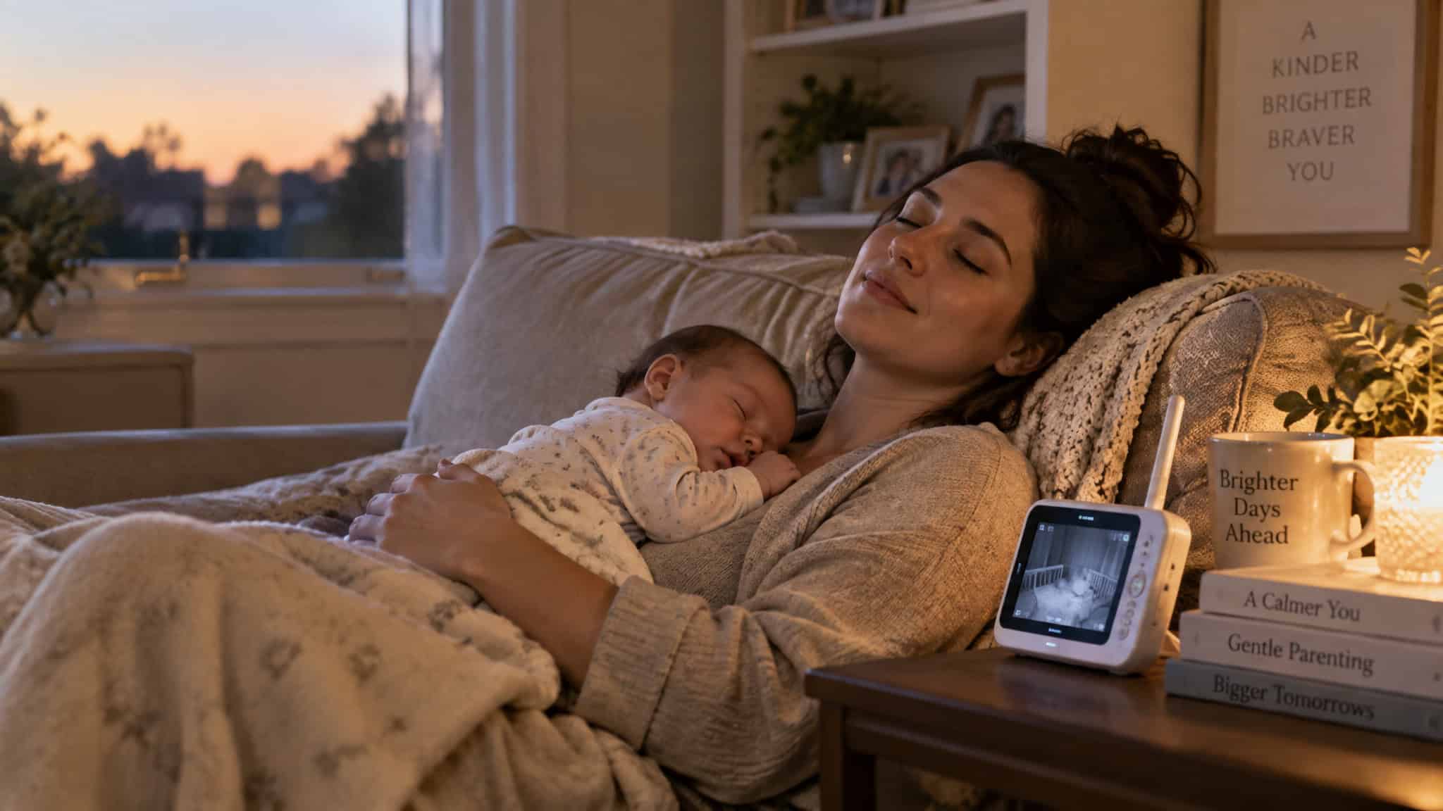 Rested postpartum mother relaxing at home, reflecting infrared sauna benefits for sleep and mood recovery
