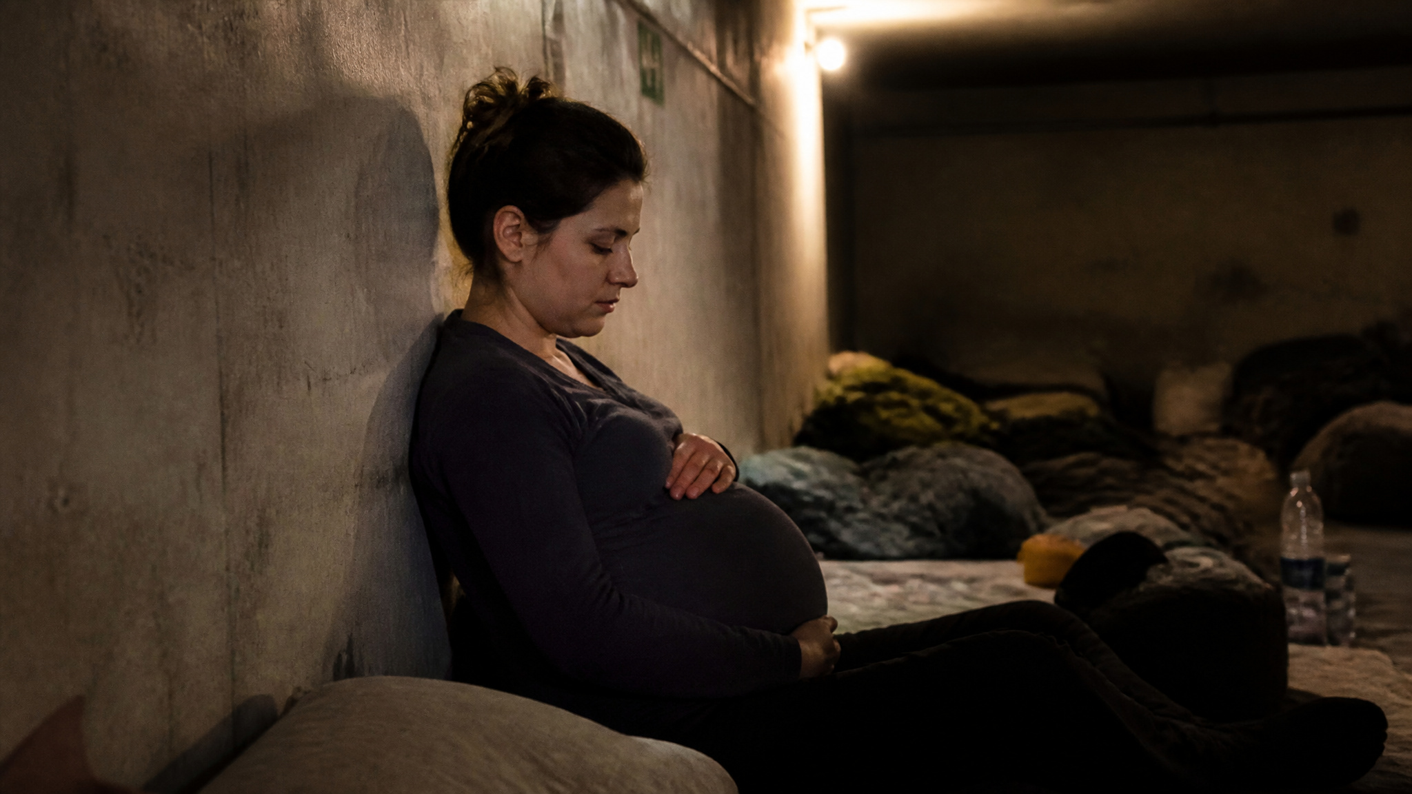 Surrogacy in Ukraine During War: Inside the Booming Industry 3 Pregnant surrogate sitting in a bomb shelter in Ukraine, representing the ethical dilemmas of wartime surrogacy.