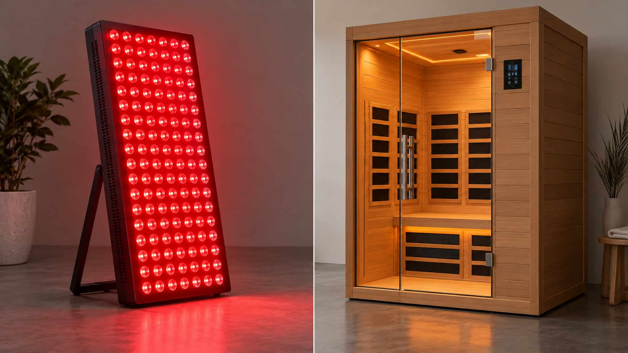 Red light therapy panel compared with infrared sauna, showing the difference between light signaling and thermal heat devices