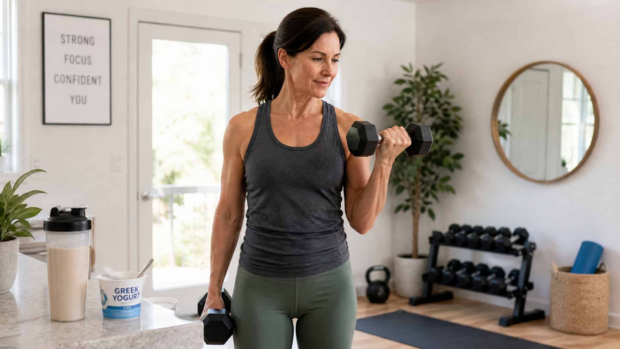 Downsides of Taking Weight Loss Injections: The 25-30% Lean Mass Problem 3 Woman in workout attire lifting dumbbell in a bright, modern home gym with fitness equipment and plants for a healthy lifestyle.