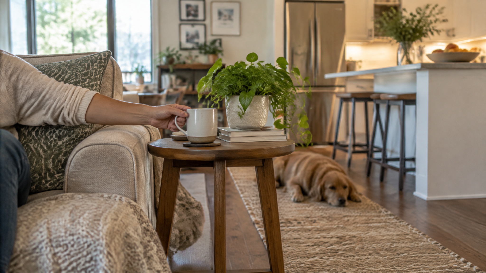 Side Tables: How to Choose One That Actually Makes Your Living Room Work 2 Round side table beside a high-traffic walkway showing easy reach from the sofa