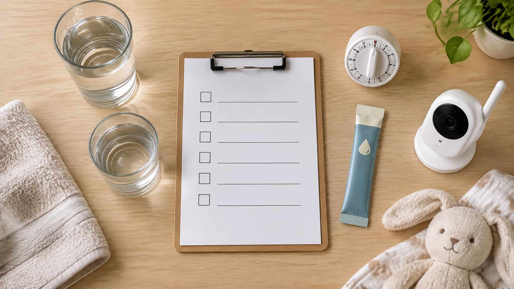Safe Sauna Practices for Breastfeeding Moms: Temperature, Timing, and Prep 3 Overhead arrangement of sauna essentials showing the before and after checklist for postpartum nursing moms