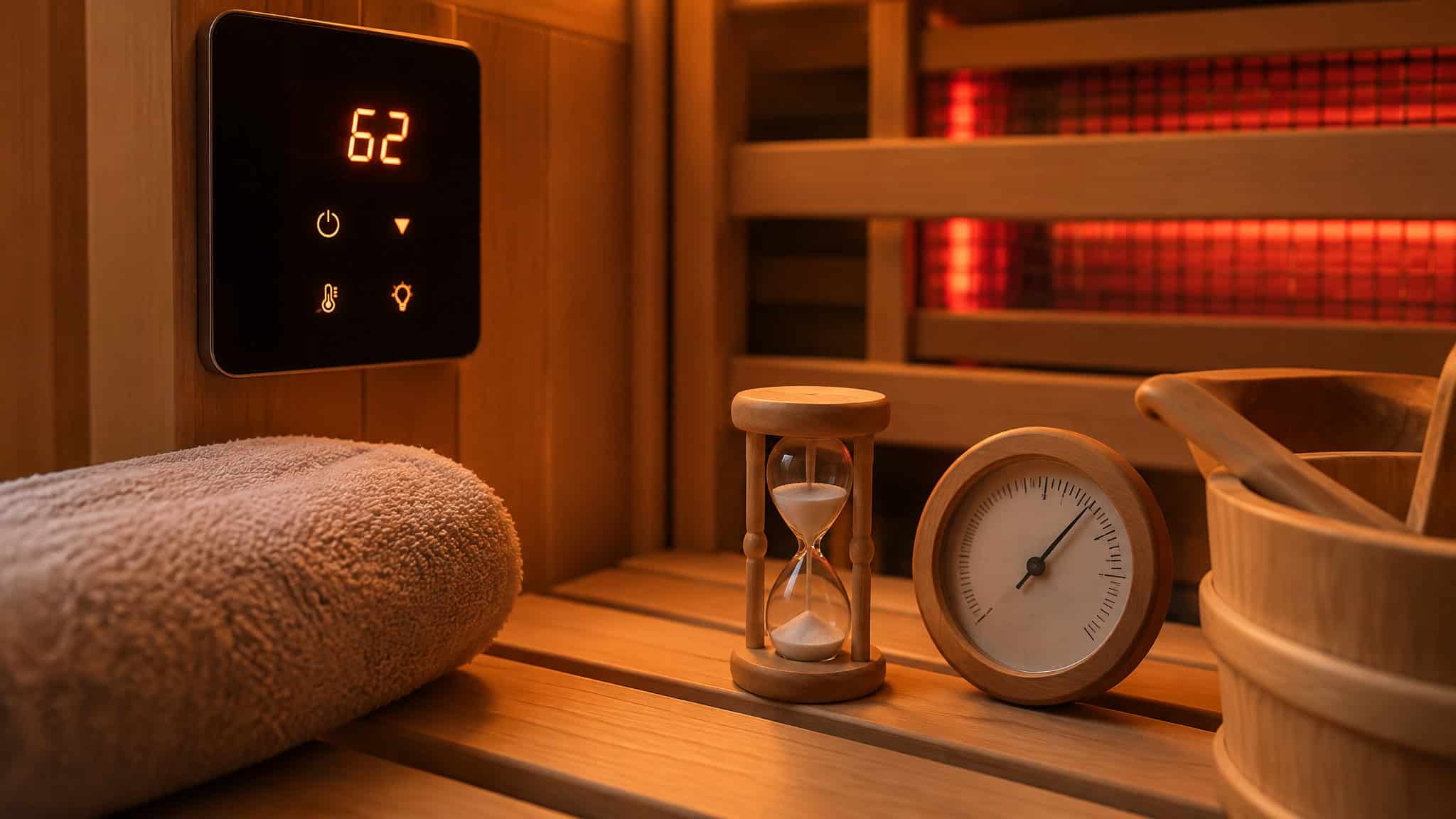 Infrared sauna temperature control and timer showing beginner session limits for nursing mothers
