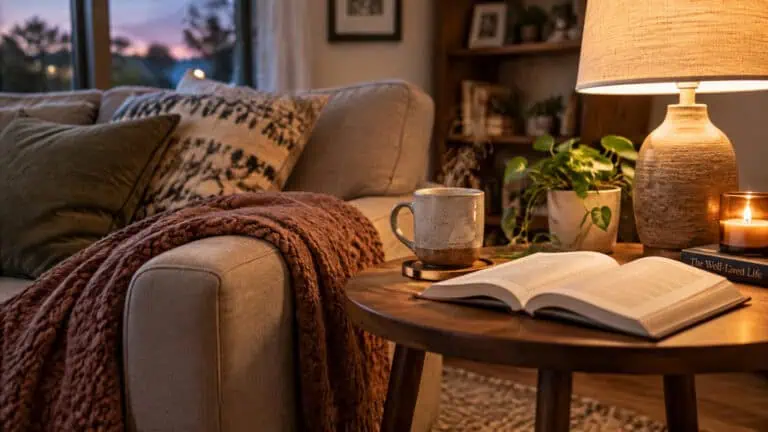 Timber side table at sofa arm height holding a mug and book in a living room