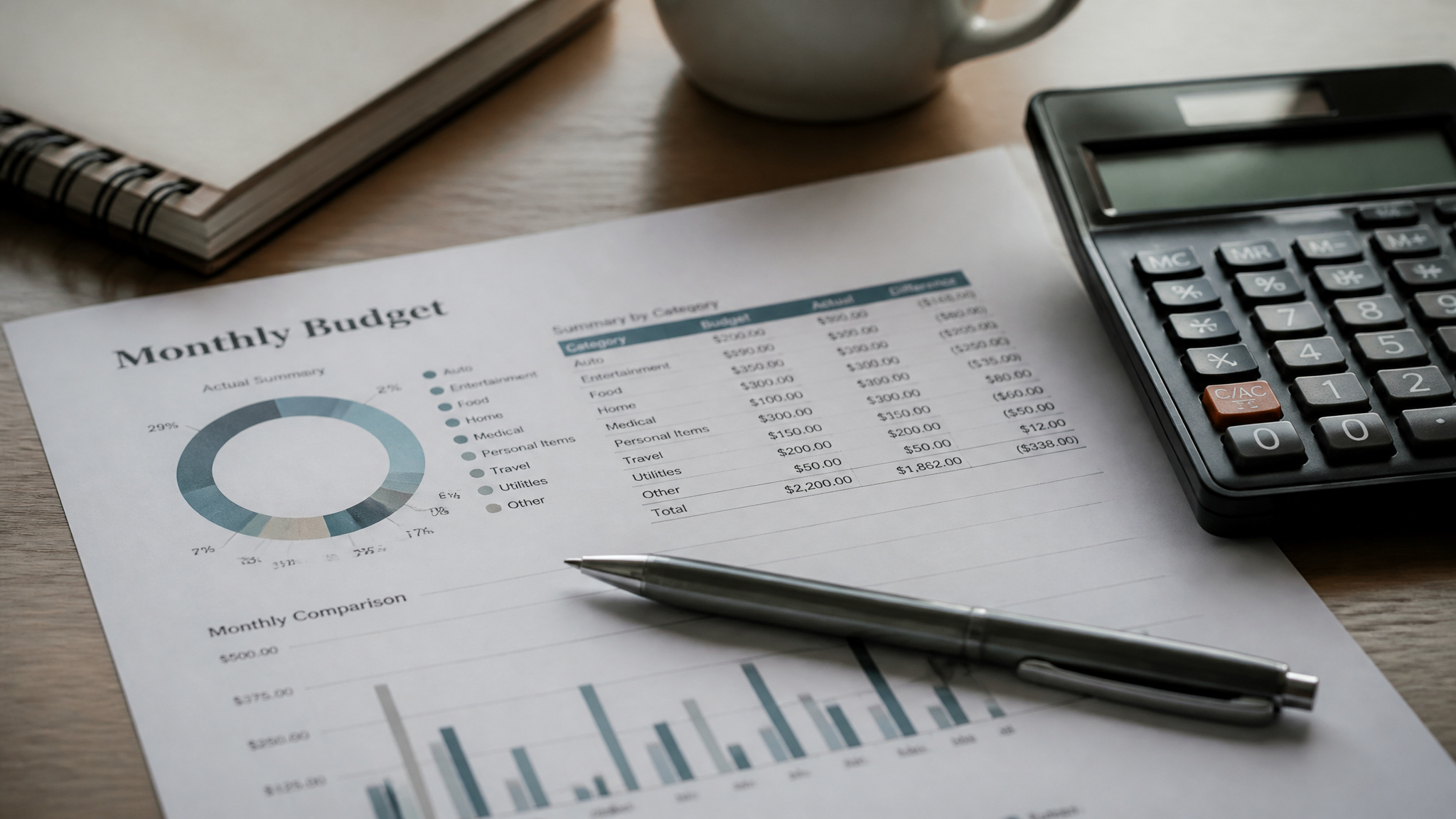 SENSIBLE Surrogacy in Ukraine: Costs, Legal Protections, and Real Risks 2 Financial planning image showing a monthly budget report, calculator, pen, and notebook on a wooden desk for personal finance management.