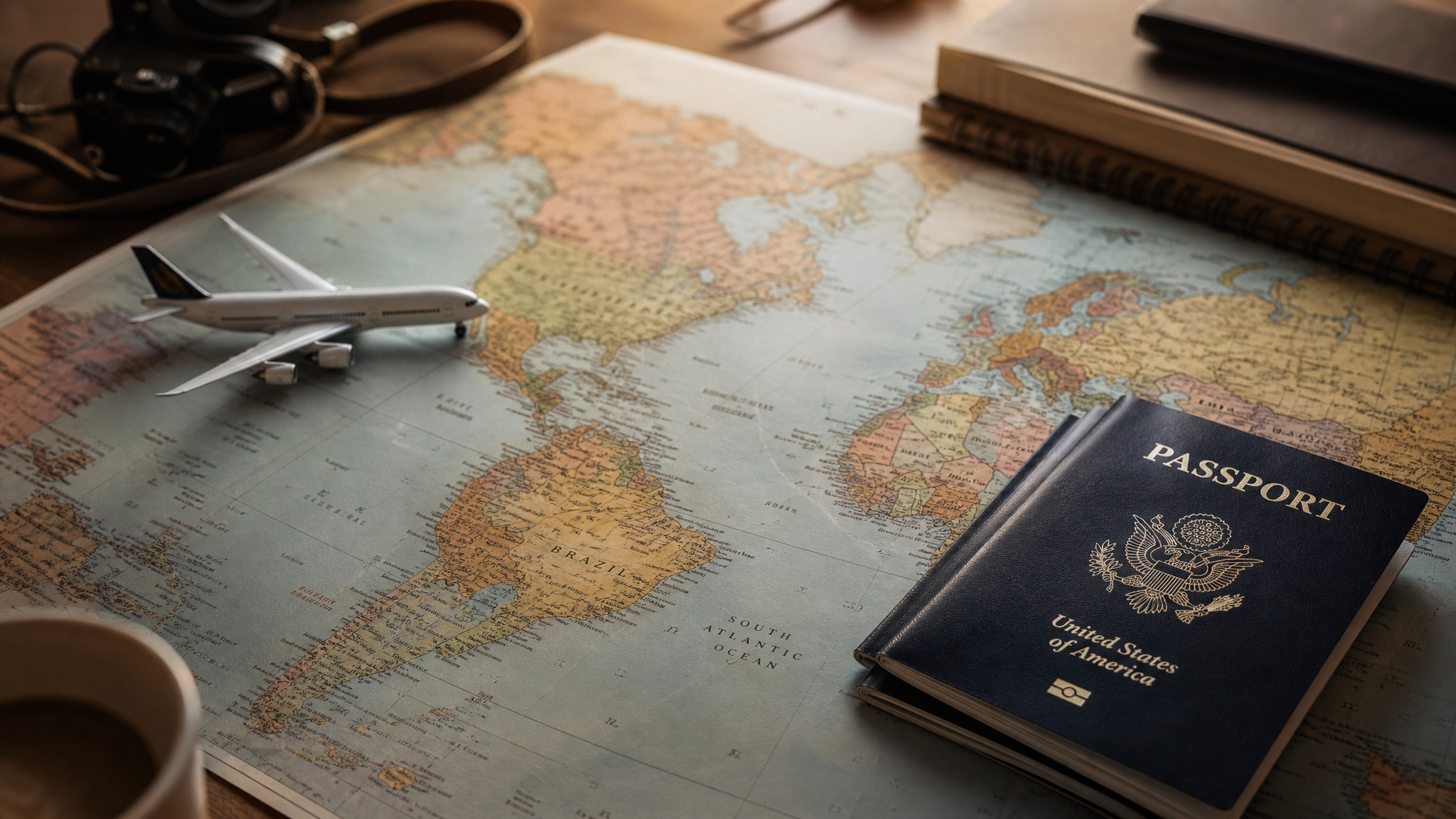 Surrogacy in Ukraine: Real Costs, Legal Risks, and What the War Means for Intended Parents 3 Travel planning scene with a United States passport, world map, airplane model, and travel accessories on a desk.