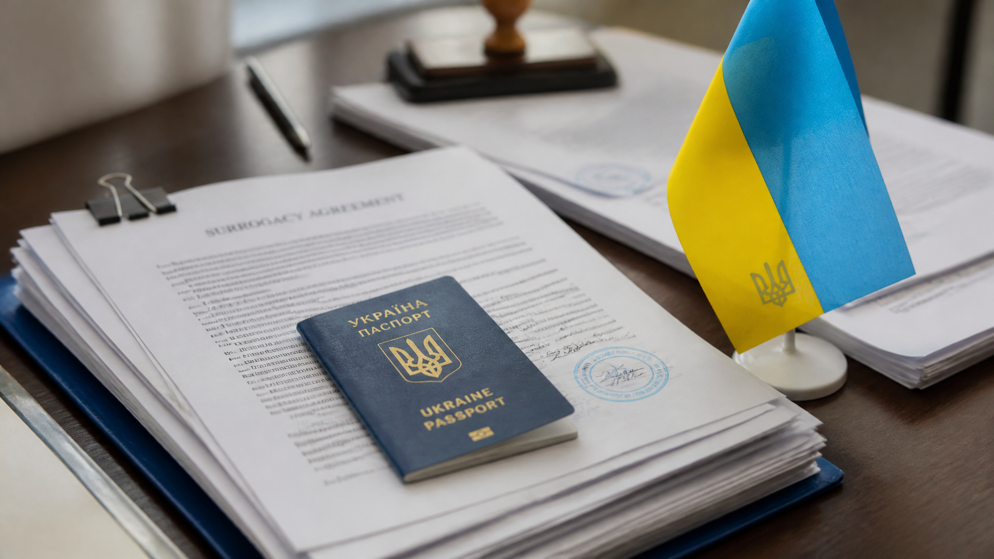 SENSIBLE Surrogacy in Ukraine: Costs, Legal Protections, and Real Risks 4 Ukrainian passport and flag placed on a desk with official documents and a stamp, symbolizing travel or official procedures related to Ukraine.