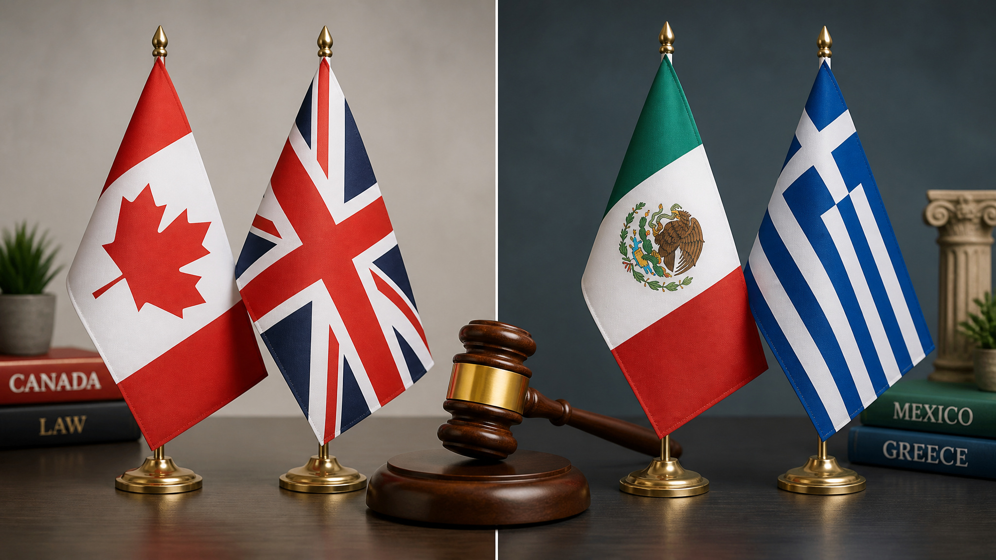 Safest Country for Surrogacy: Ukraine's Legal Edge vs. the US 2 Flags of Canada, UK, Mexico, and Greece with a gavel symbolizing surrogacy legal variations.