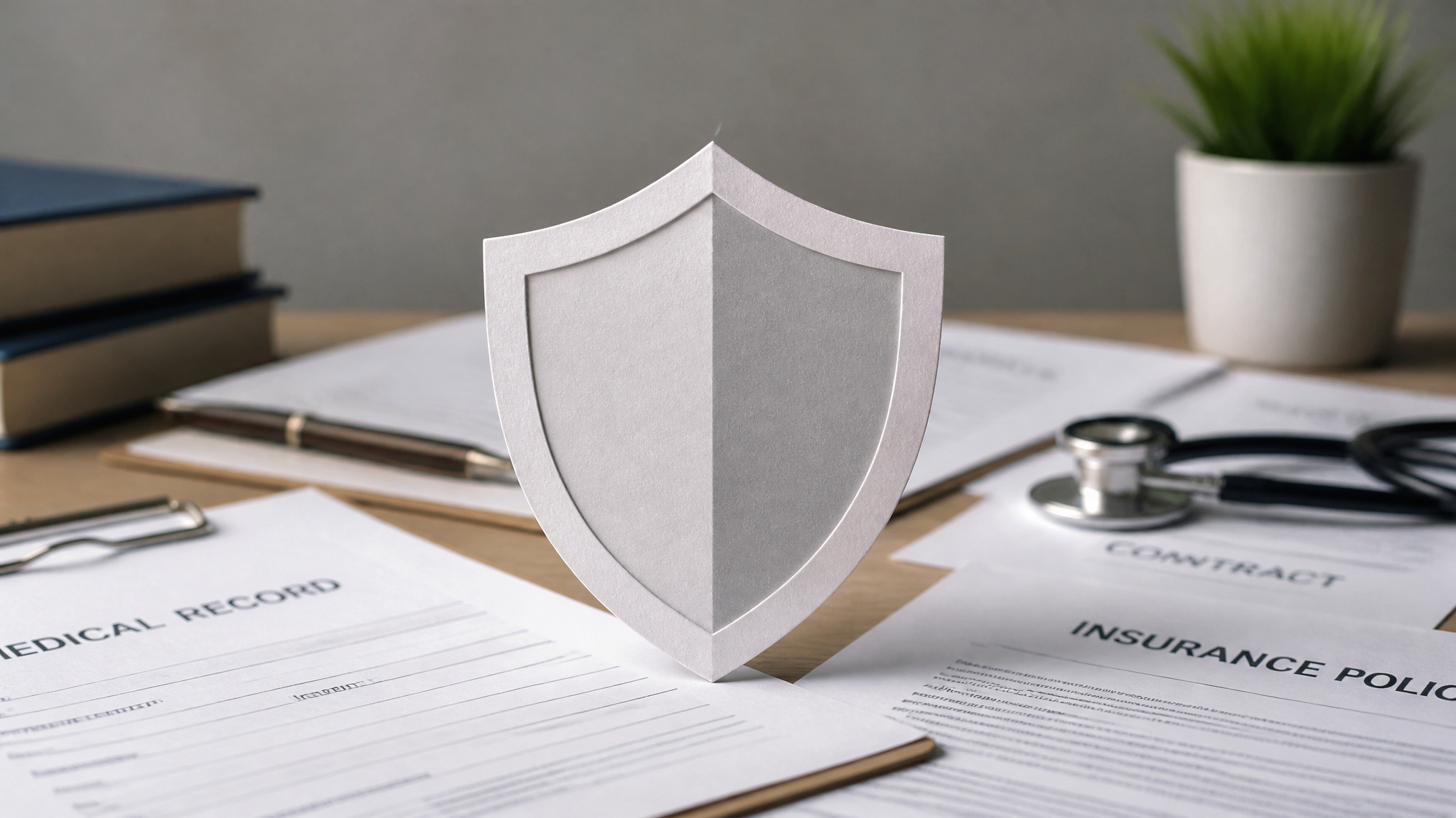 Cost of Surrogacy in Ukraine: 2026 Prices from $57,700 3 Shield icon representing protection of insurance and medical records on a desk with documents and a stethoscope.