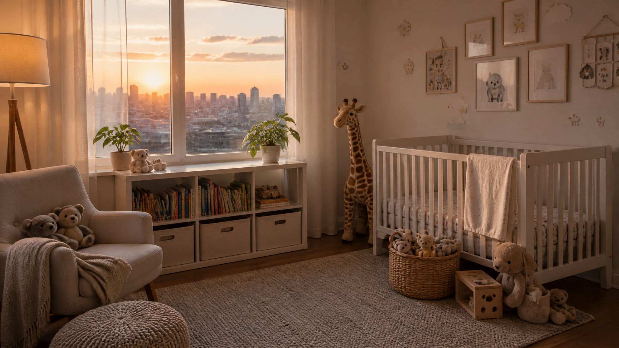 Cost of Surrogacy in Ukraine: 2026 Prices from $57,700 4 Warm nursery room with a giraffe plush toy, crib, stuffed animals, and a sunset view through the window, creating a peaceful and inviting space for a baby.