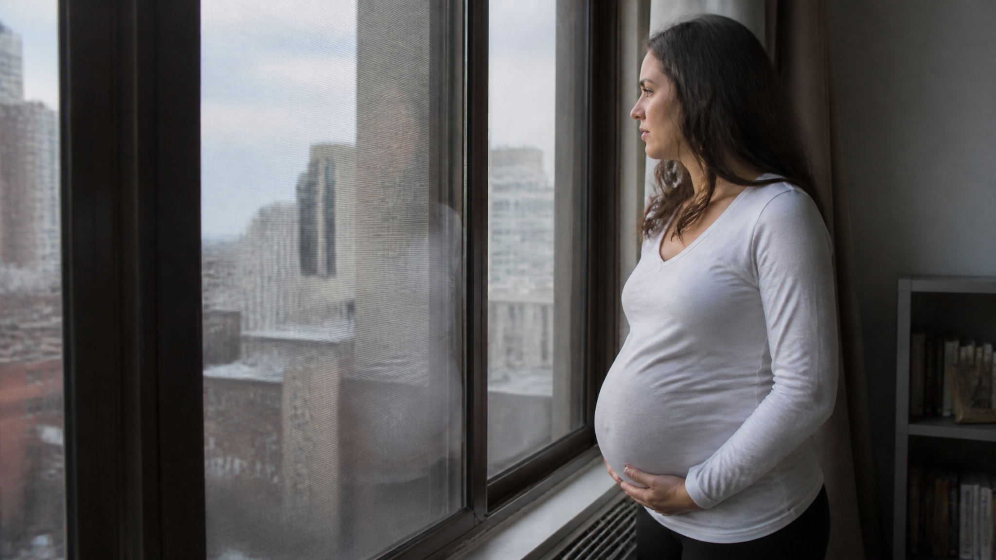 Surrogacy in Ukraine: Real Costs, Legal Risks, and What the War Means for Intended Parents 4 Pregnant woman standing by large window, gazing outside with cityscape view, reflecting on motherhood and future.