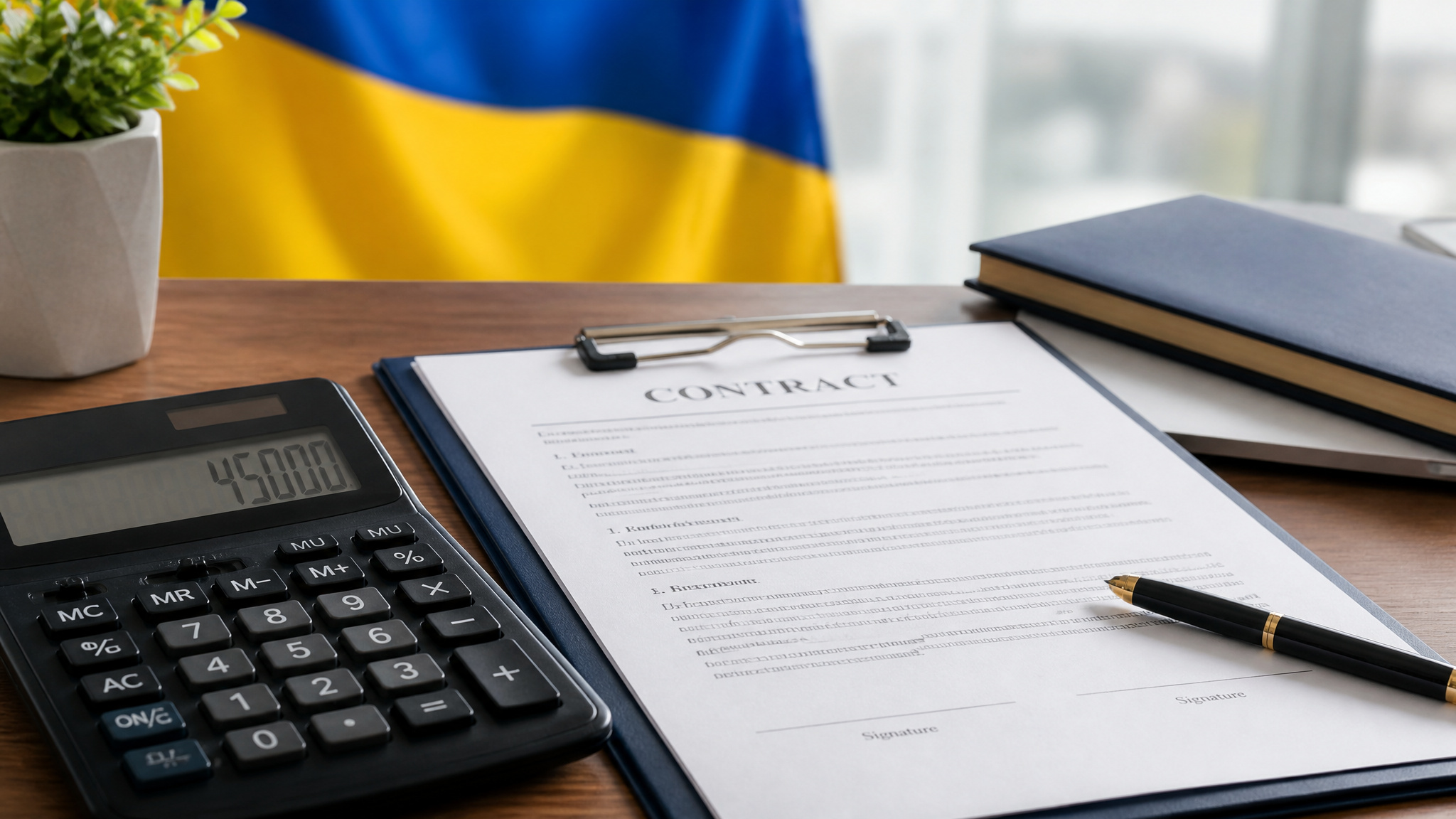 Surrogacy in Ukraine Success Stories: From 8 Failed IVF Attempts to Twins 3 Calculator and contract on a desk with Ukrainian flag, representing the cost breakdown of surrogacy in Ukraine.