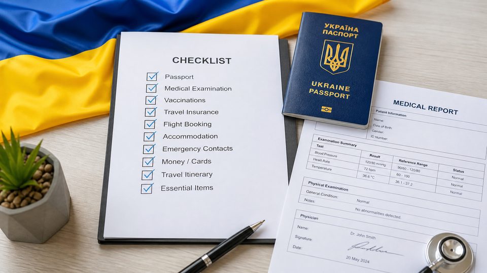 Ukraine Surrogacy Laws for Foreigners: Legal Certainties & War Risks 3 Ukraine passport, medical report, and checklist for travel preparation in Ukraine.
