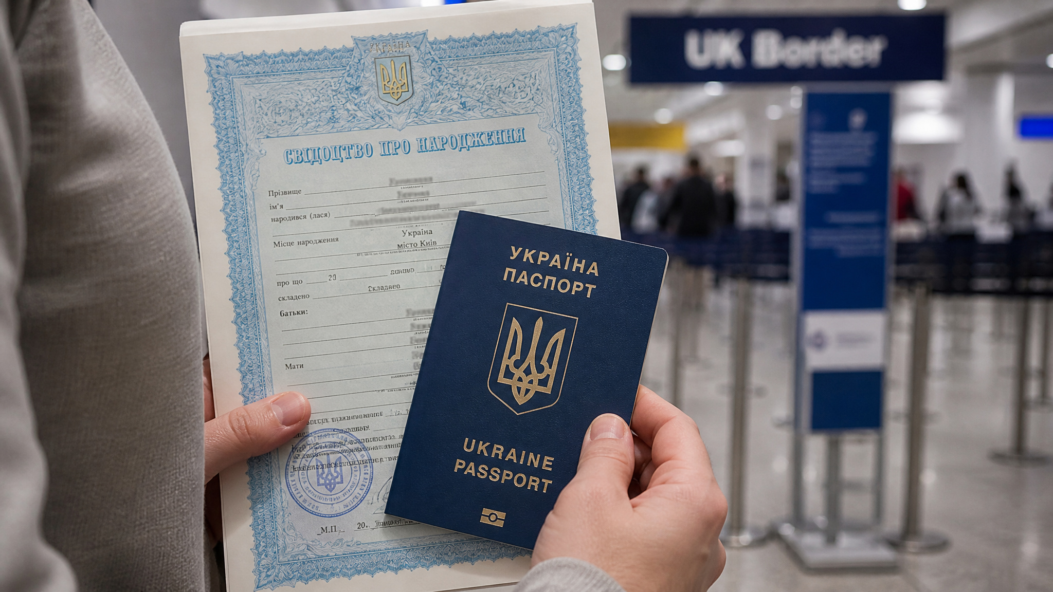 Surrogacy in Ukraine During War: Inside the Booming Industry 2 Parent holding Ukrainian birth certificate and passport at airport, illustrating legal hurdles for surrogate-born babies.