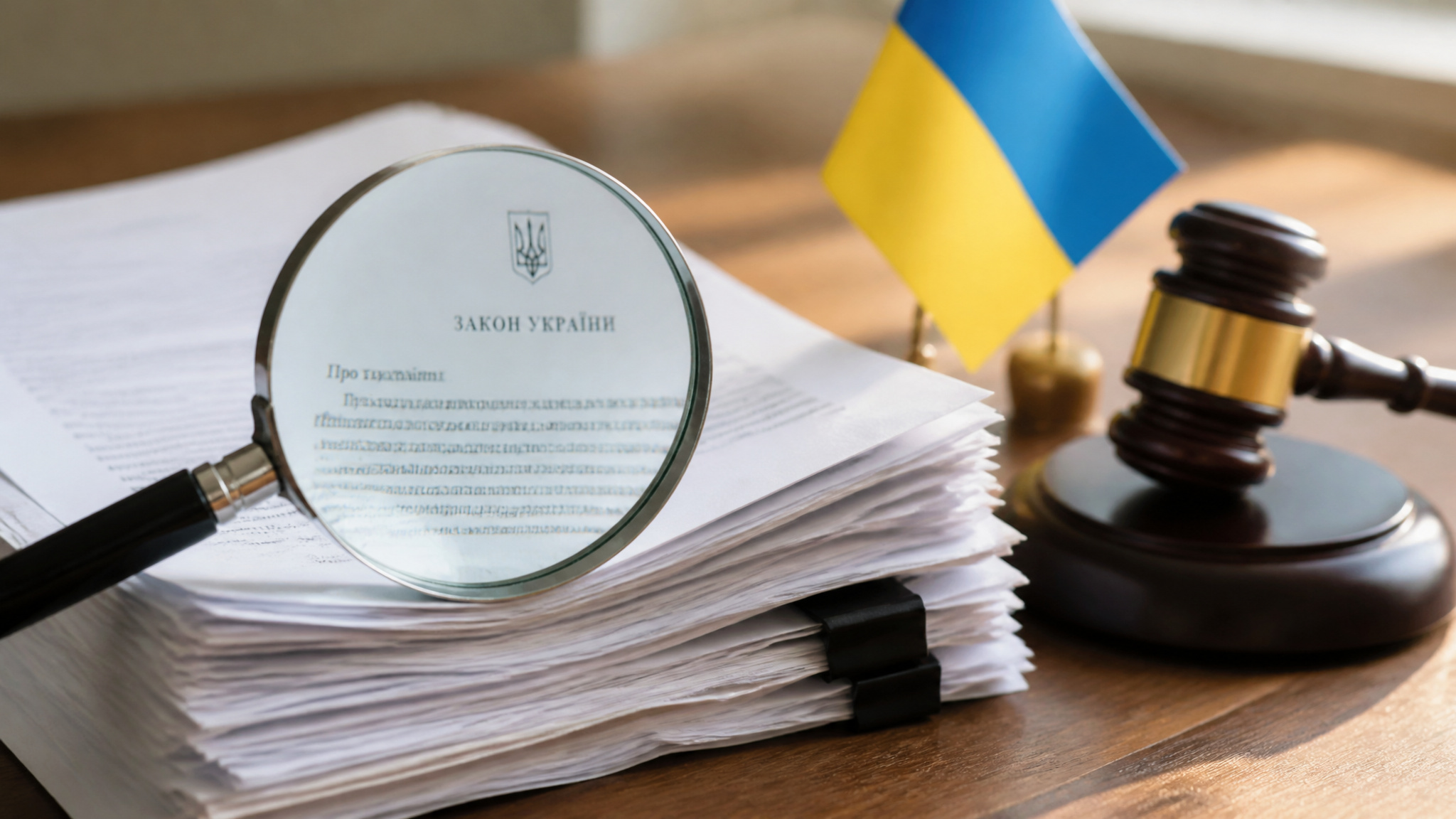 Cost of Surrogacy in Ukraine: 2026 Prices from $57,700 5 Close-up of a legal document titled 'Ukrainian Law' with a magnifying glass, gavel, and Ukrainian flag on a wooden desk, symbolizing legal proceedings in Ukraine.