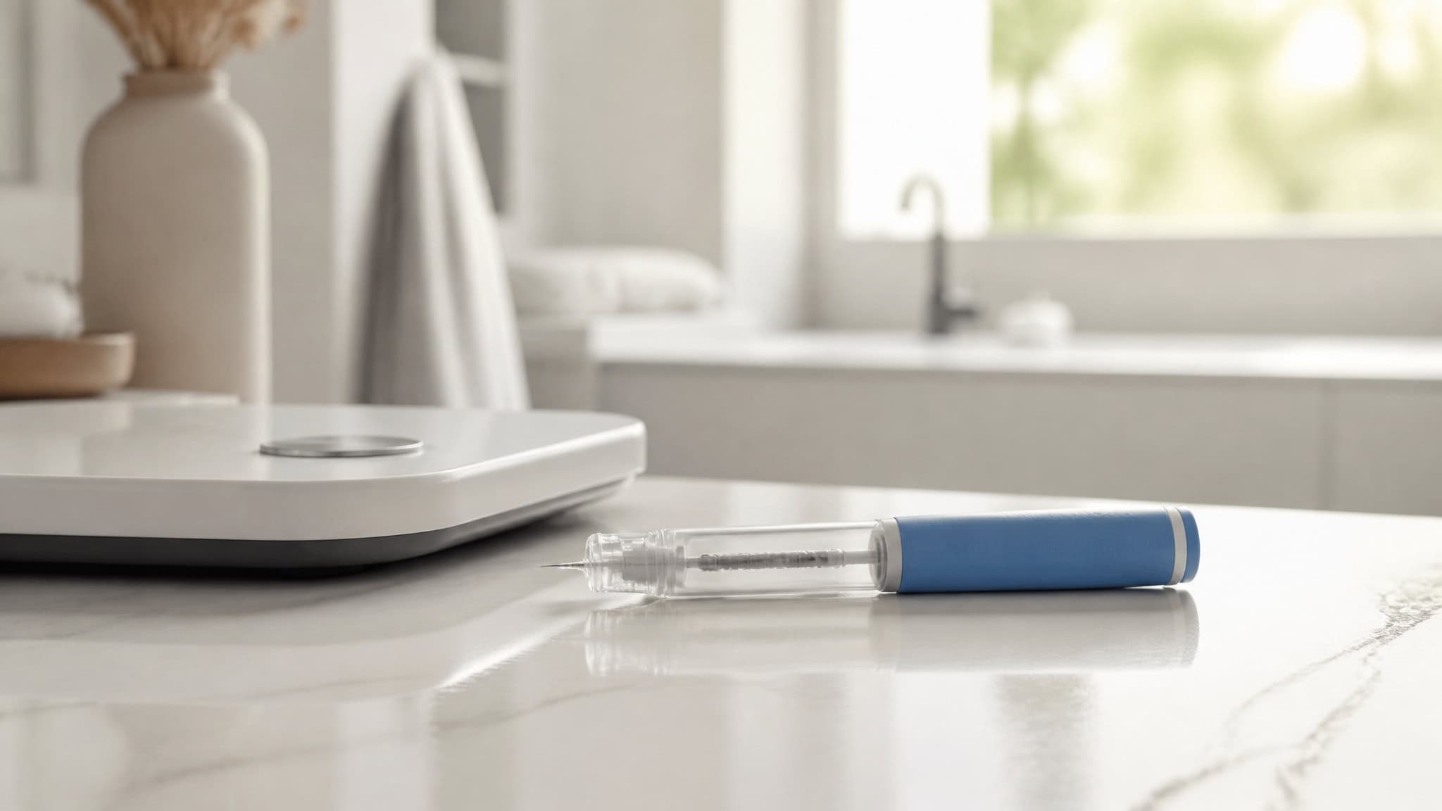 Home medical testing kit with a test tube and a digital scale on a kitchen counter, sunlight streaming through the window, modern and clean kitchen setting.