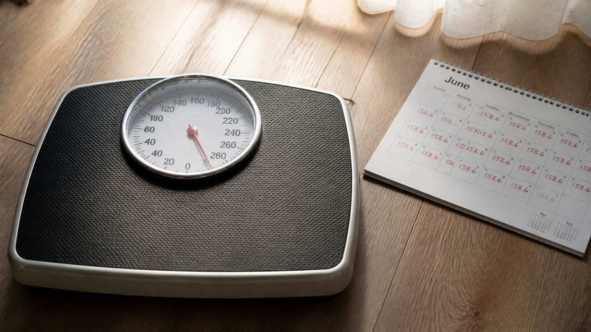 How Do Weight Loss Injections Work? The 2-Minute Signal That Lasts 5 Days 4 Bathroom scale and calendar illustrating weight loss timelines and the 12 to 18 month plateau