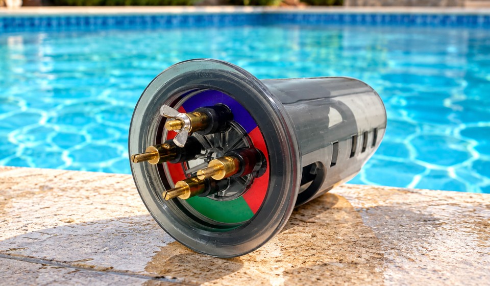 Pool salt cell with electrical connections on poolside, used for saltwater chlorination systems.