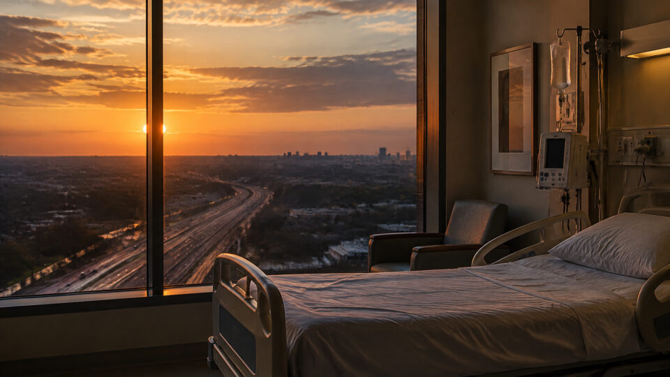 Hospital bed in a modern room overlooks a sunset outside the large window with a distant city skyline and highway, creating a serene, hopeful moment.