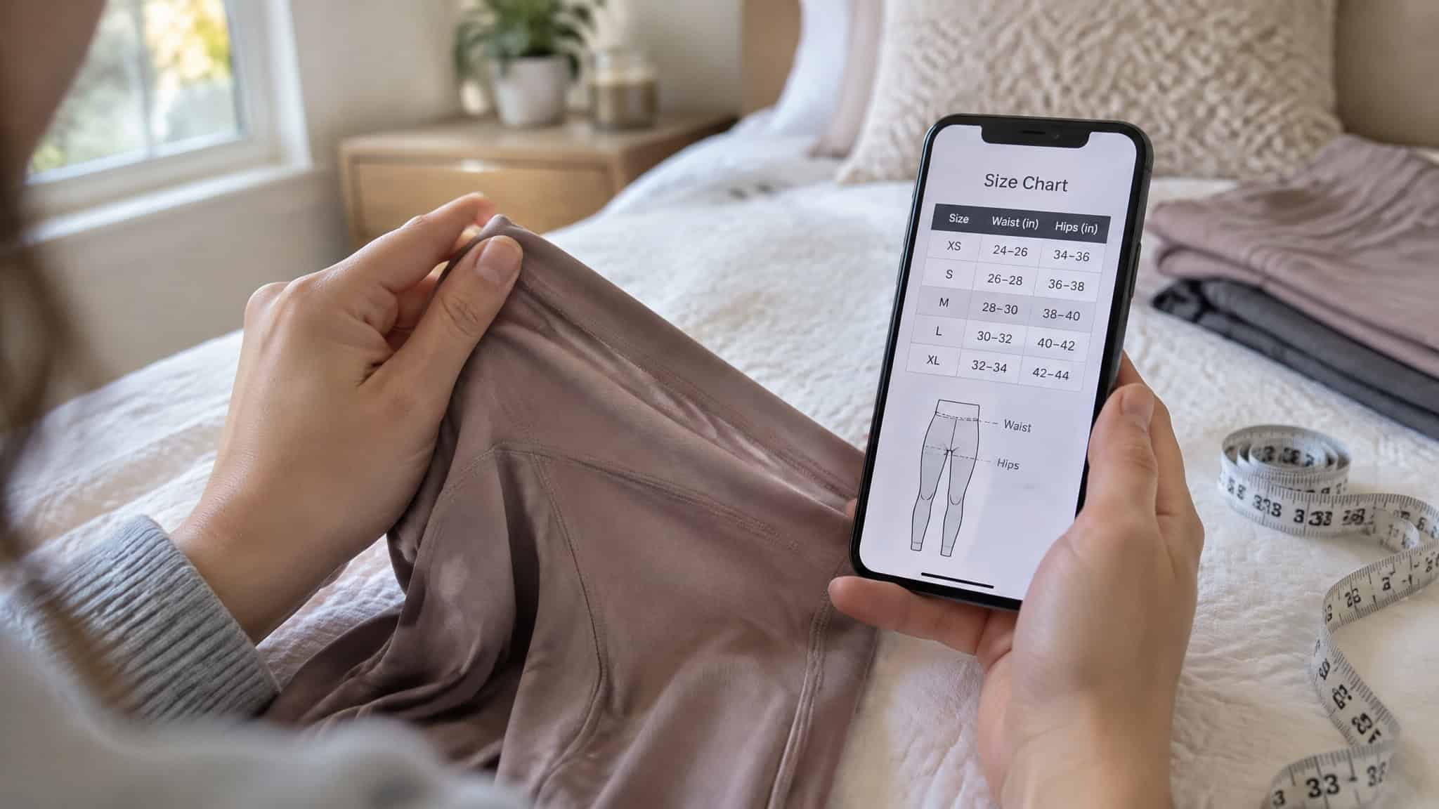 Sissy Husband: What the Term Means (and Why Sissy Spacek Keeps Ranking for It) 6 Close-up of person holding smartphone displaying a size chart for clothing, with a measuring tape and fabric in the background.