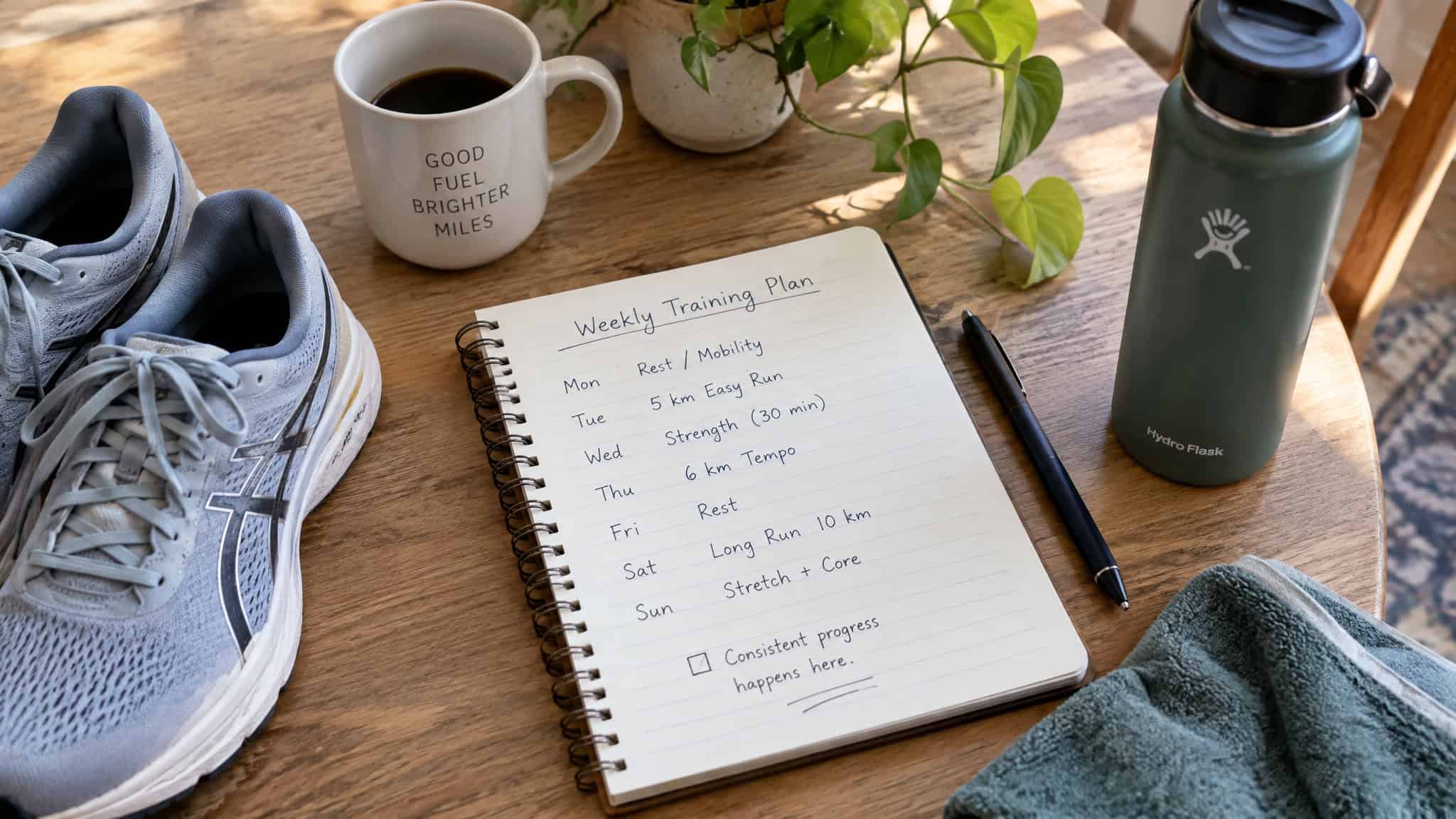 HYROX Workout: Every Station, Every Weight, and Your First Training Week 3 Notebook planning a first HYROX training week with easy Zone 2 runs and strength sessions