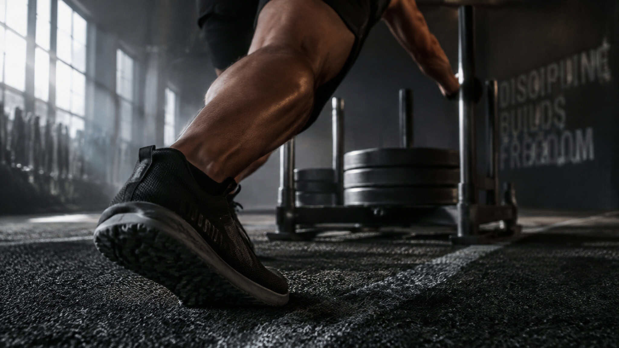 HYROX Workout: Every Station, Every Weight, and Your First Training Week 4 Cross-trainer with grip sole pushing a weighted sled, the key HYROX gear decision for first-timers