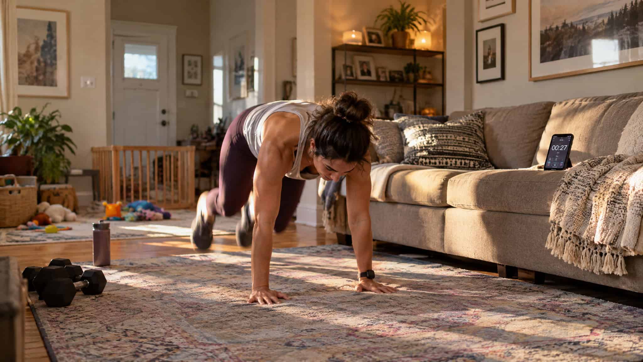 Trending Workout Roundup: From HYROX's 266% Search Surge to the Pilates Boom 3 Parent doing a 15-minute HIIT bodyweight circuit at home with burpees and squats on a timer
