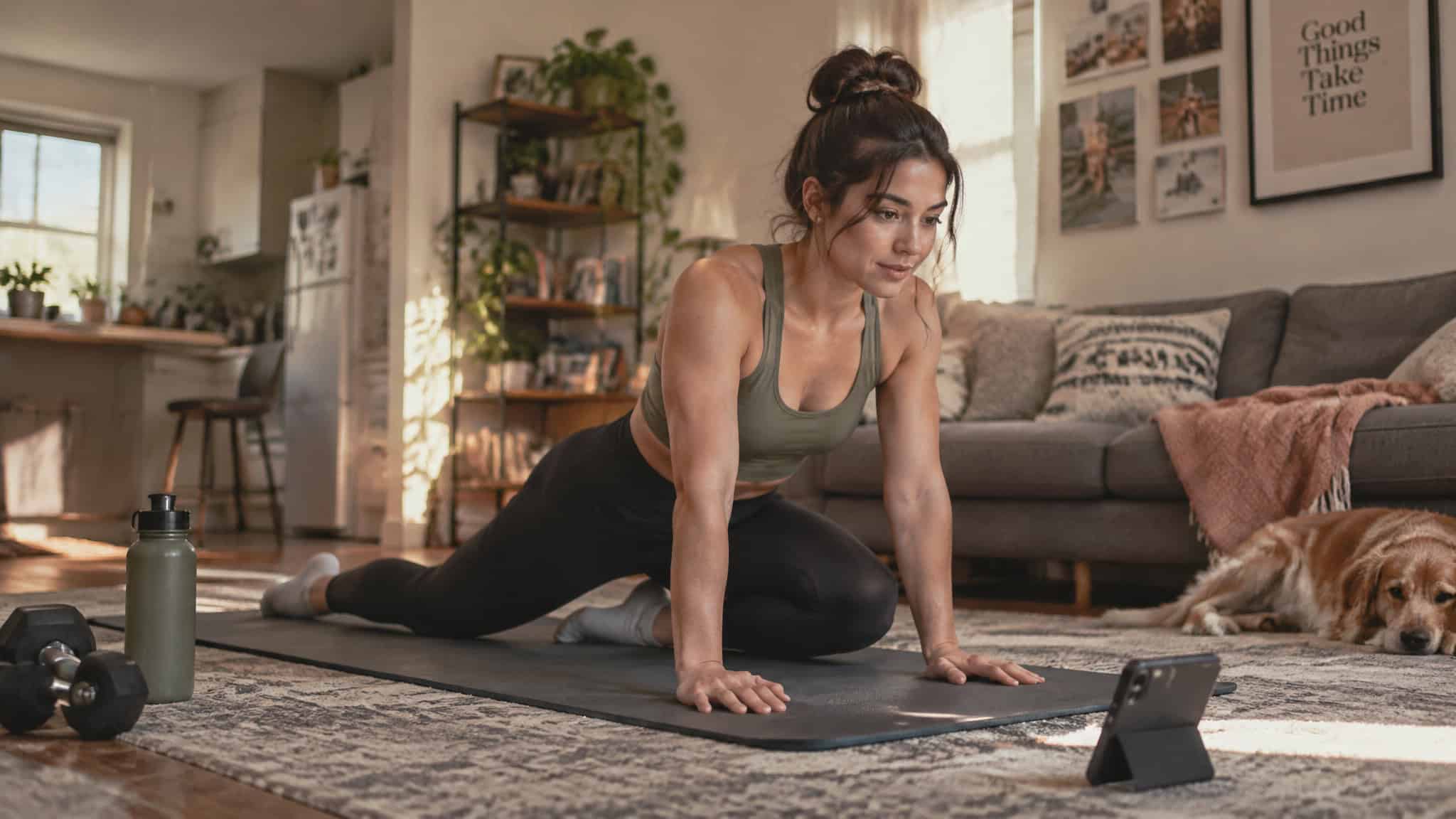 Fitness Trends 2025: What Stuck, What Faded, per the ACSM Survey 3 Woman following a mobile exercise app workout at home, representing the fastest-climbing 2025 fitness trend