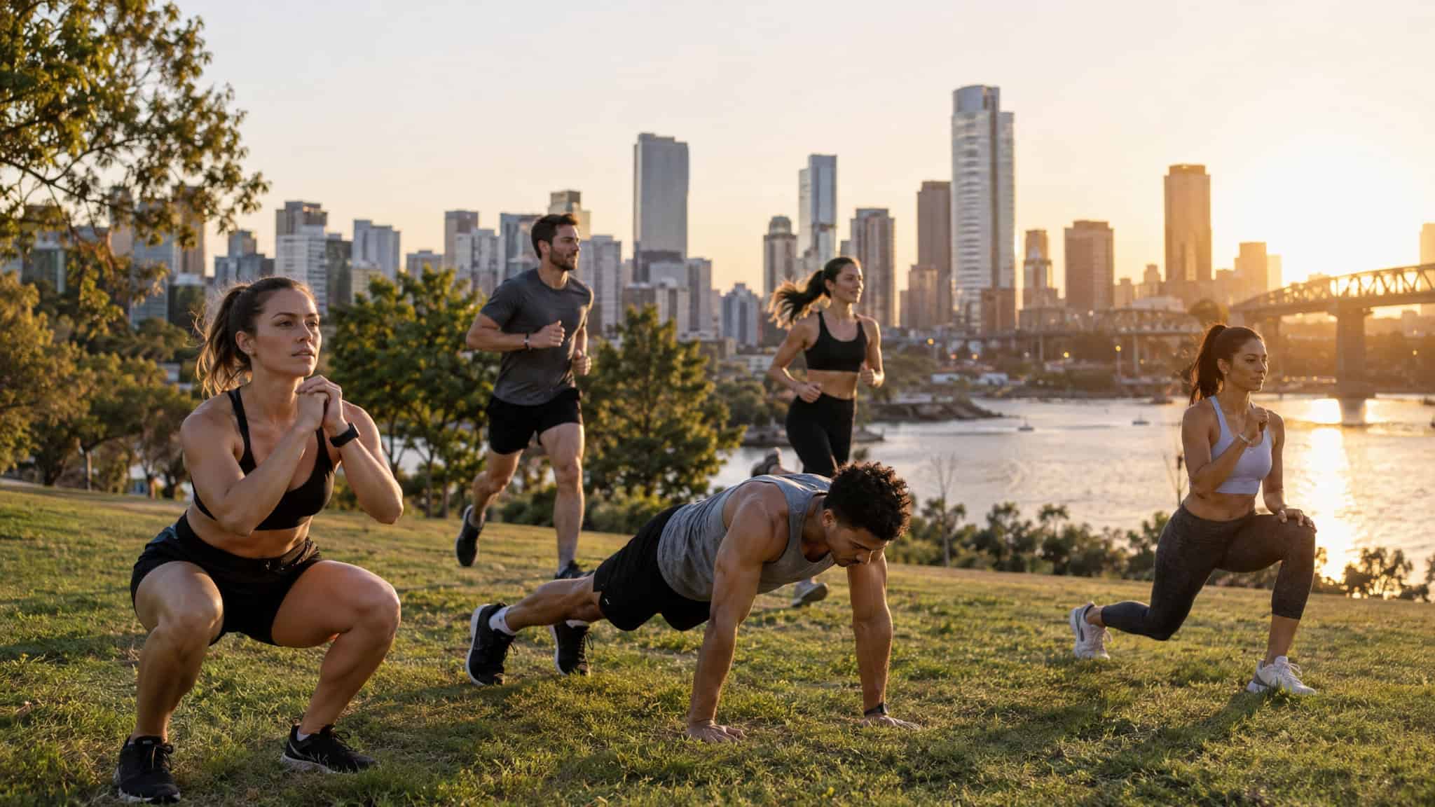 Fitness Trends for Gen Z: What the 'Gen Well' Research Actually Shows 3 Young people exercising outdoors in a park, illustrating solo workouts without a gym membership