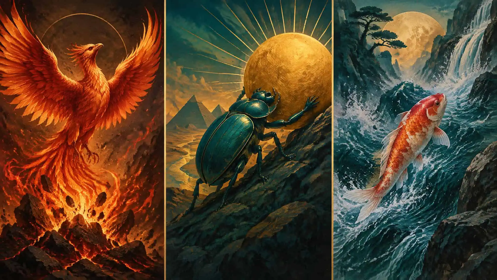 Tattoo Ideas for Women with Meaning of Life: 12 Symbols and the Stories Behind Them 2 Phoenix, scarab, and koi tattoos representing three different kinds of rebirth and transformation