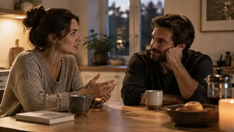 A woman and a man having a heartfelt conversation at a cozy kitchen table with coffee mugs, warm lighting, and a relaxed atmosphere.