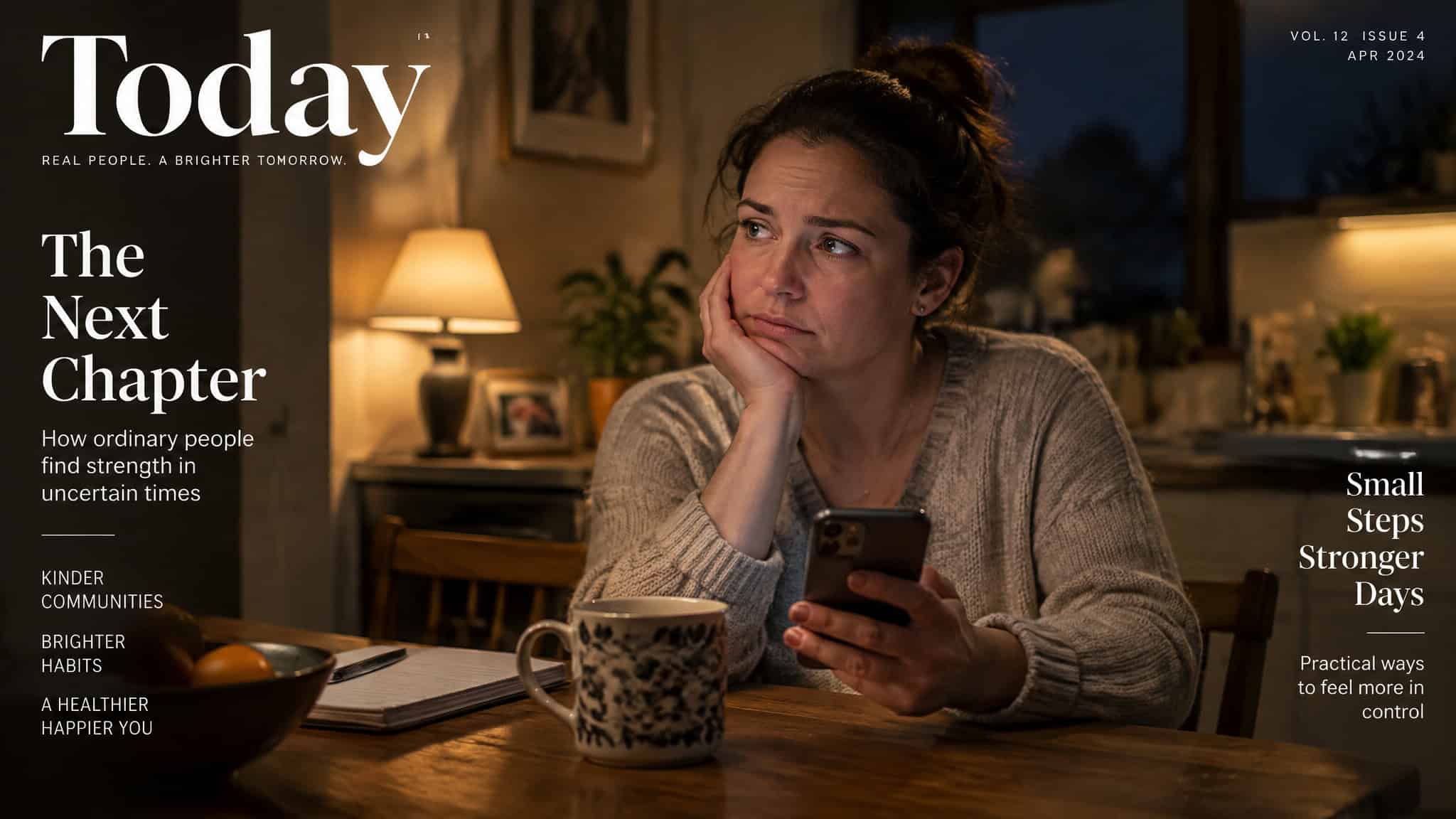 A woman sitting at a cozy home dining table, looking thoughtful while using her smartphone, with warm lighting and home decor in the background.