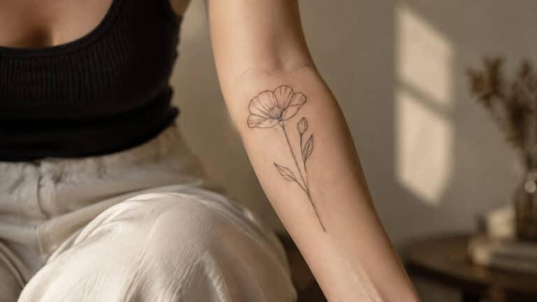 Close-up of a woman's arm showing a delicate floral tattoo on her forearm, with a cozy indoor background and soft natural lighting.