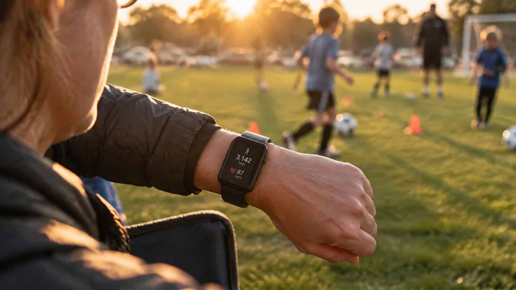 Fitness Trends 2026: What 2,000 Experts Ranked — and Which Ones Are Worth Trying Early 3 Fitness tracker biosensors on a parent's wrist at soccer practice showing everyday wearable use