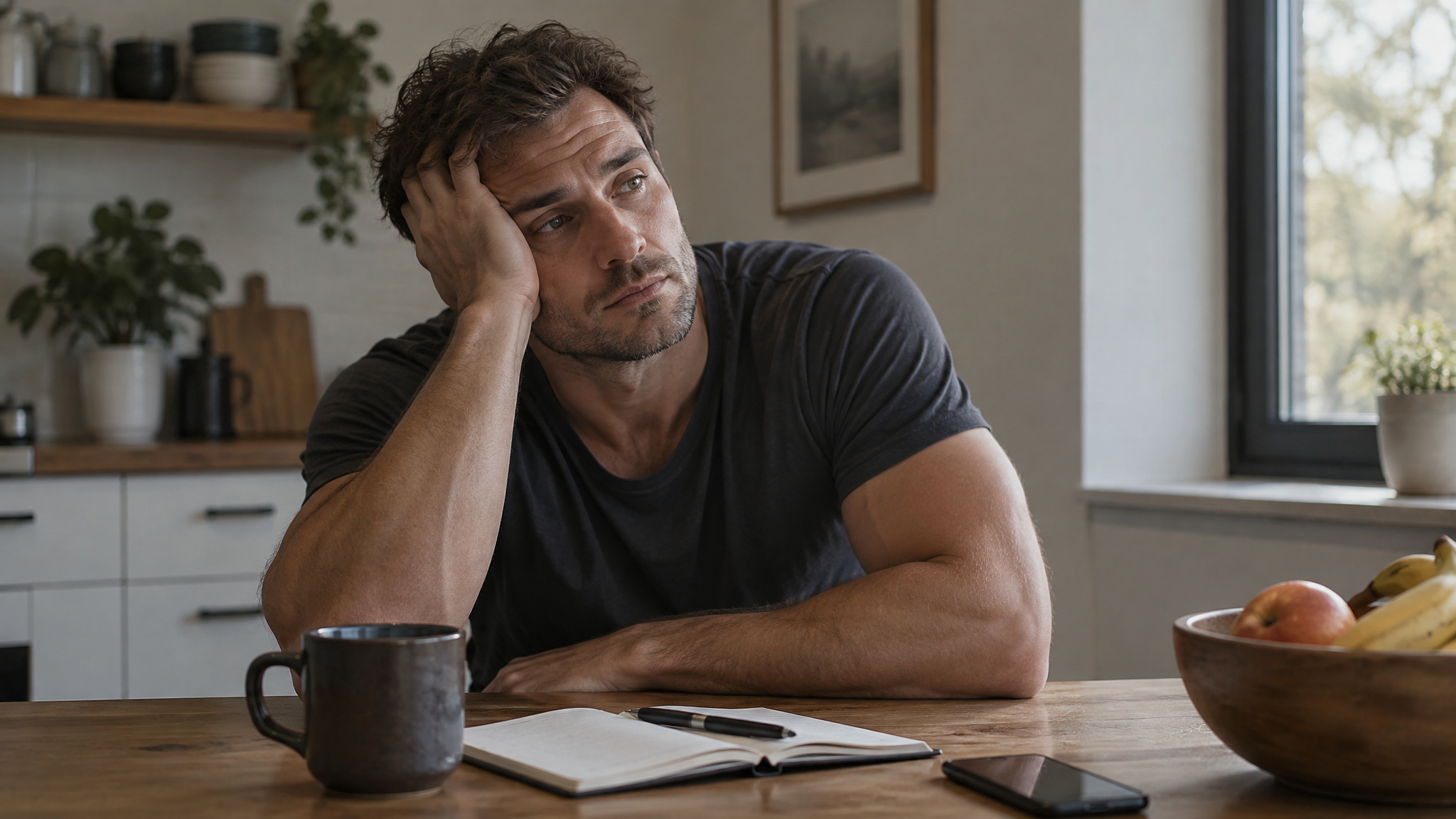 A man with dark hair and a beard, resting his head on his hand, sitting at a kitchen table with a notebook, mug, and smartphone, appearing contemplative.